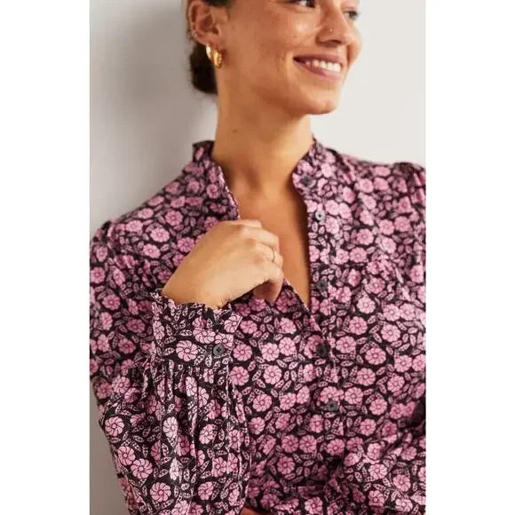Boden Midi Shirt Dress Women's 8R Column Purple Black Floral Wild Rose B98 - Picture 2 of 8